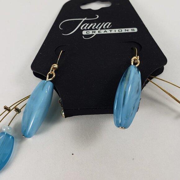 Gold-tone Wire Multi-Row Illusion Blue Beads Necklace, matching Earrings 18+2.5" - Picture 3 of 8